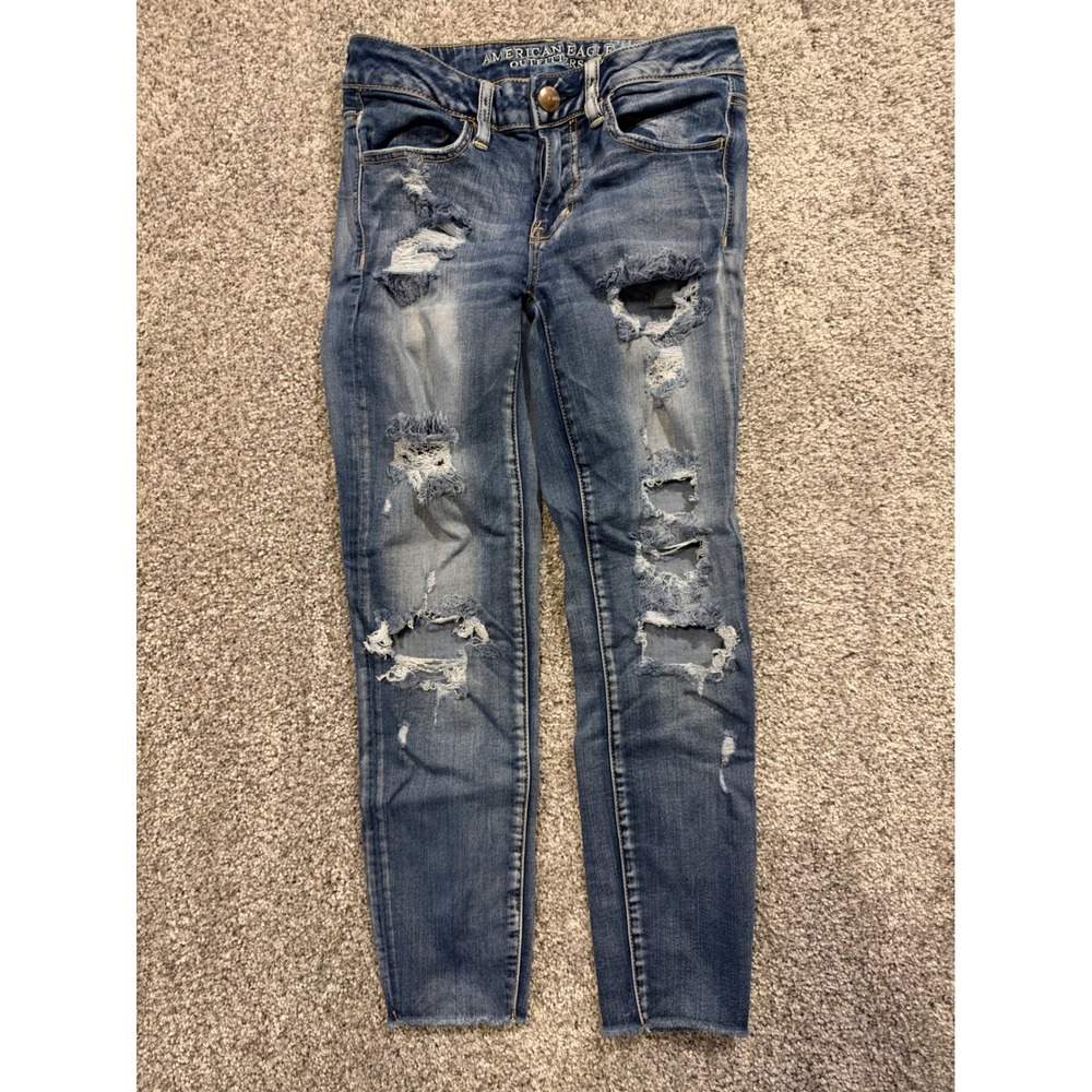 American Eagle Jegging Crop Womens 2 Blue Distressed Ripped Super Stretch Denim
